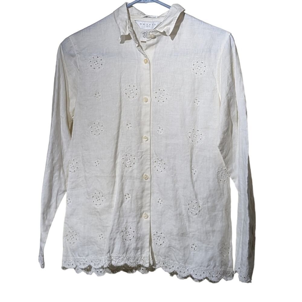 Outfit JPR 100% Pure Linen Cream Eyelet Detailing Button Front Top Womens Sz S